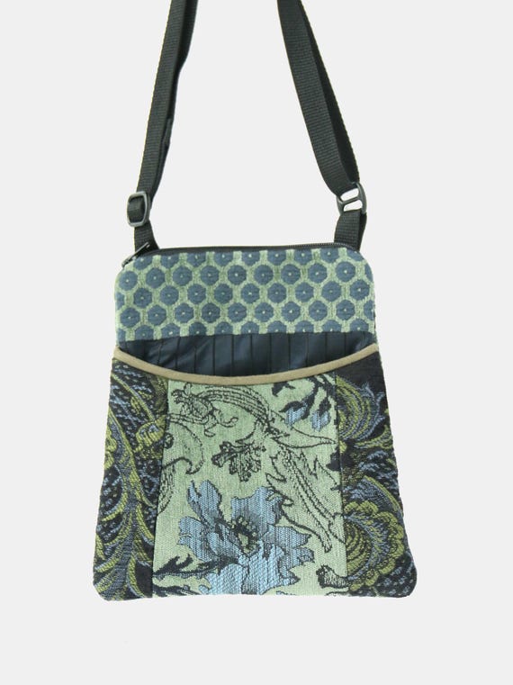 Adjustable Purse in Black and Larkspur Floral Jacquard Upholstery Fabric- One of a Kind!