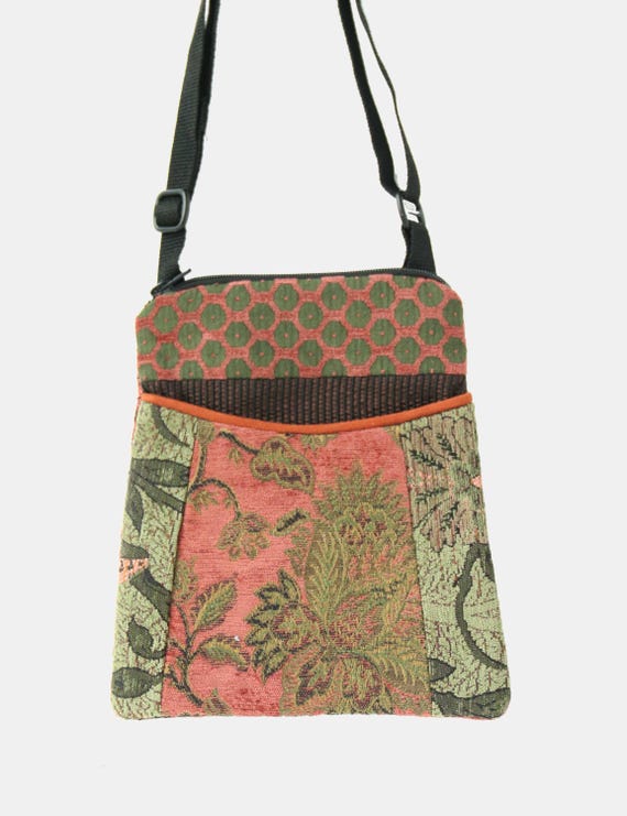 Adjustable Purse in Melon and Sage Floral Jacquard Upholstery Fabric- One of a Kind!