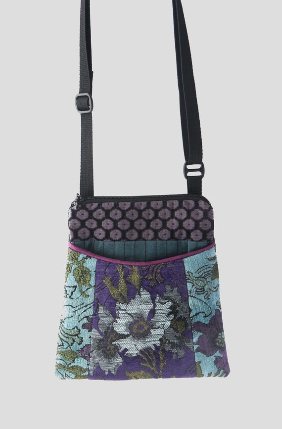 Hyacinth Tapestry Adjustable Purse in Purple and Aqua Floral Jacquard Upholstery Fabric
