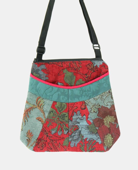 Medium Tapestry Adjustable Alyssa Purse in Red Wine and Teal Floral Upholstery Fabric- One of a Kind!