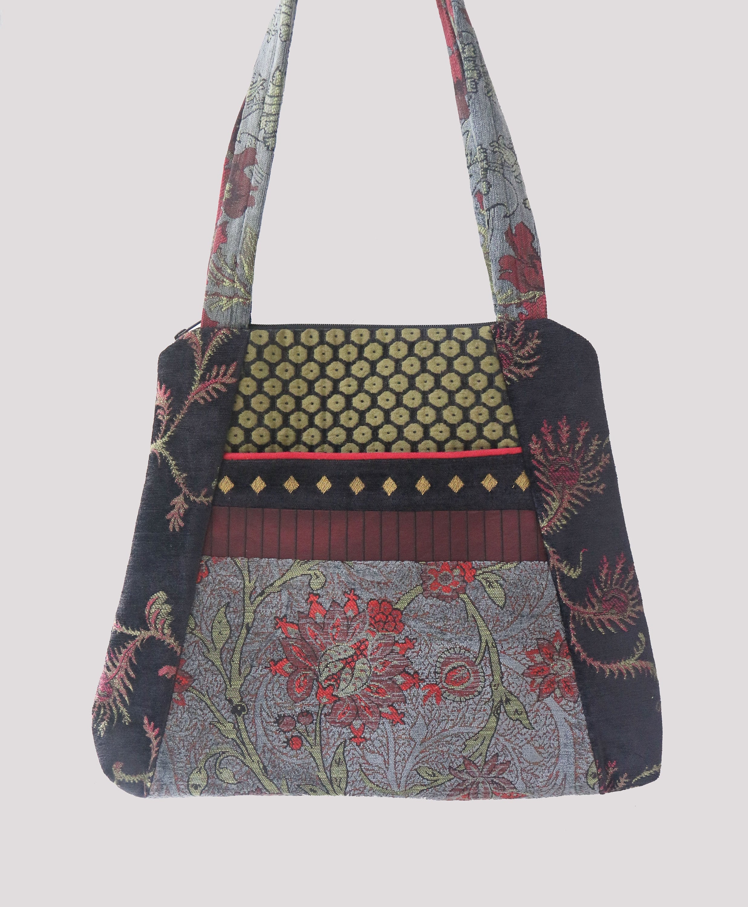 Slate Tapestry Tote Bag in Gray and Red Floral Upholstery Fabric Large