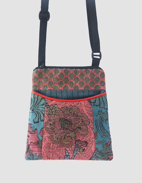 Zinnia Adjustable Purse in Orange and Teal Floral Jacquard Upholstery Fabric