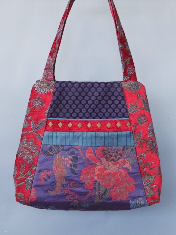Carmen Tapestry Tote Bag in Red and Purple Floral Upholstery Fabric Large