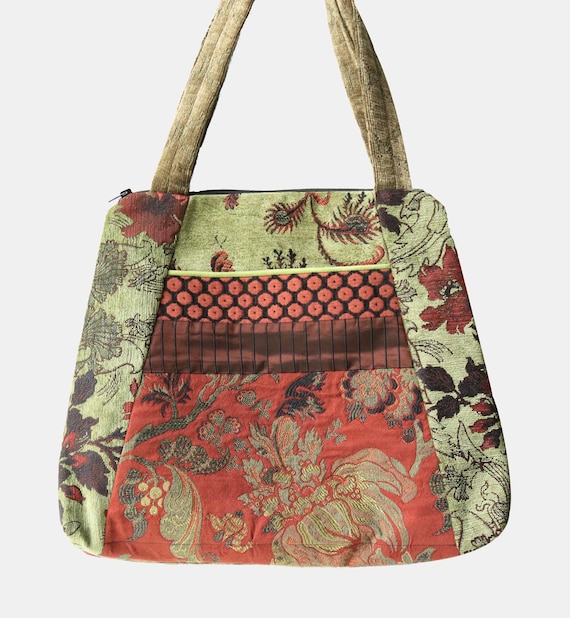 Tapestry Tote Bag in Amazon and Moss Jacquard Upholstery Fabric Large