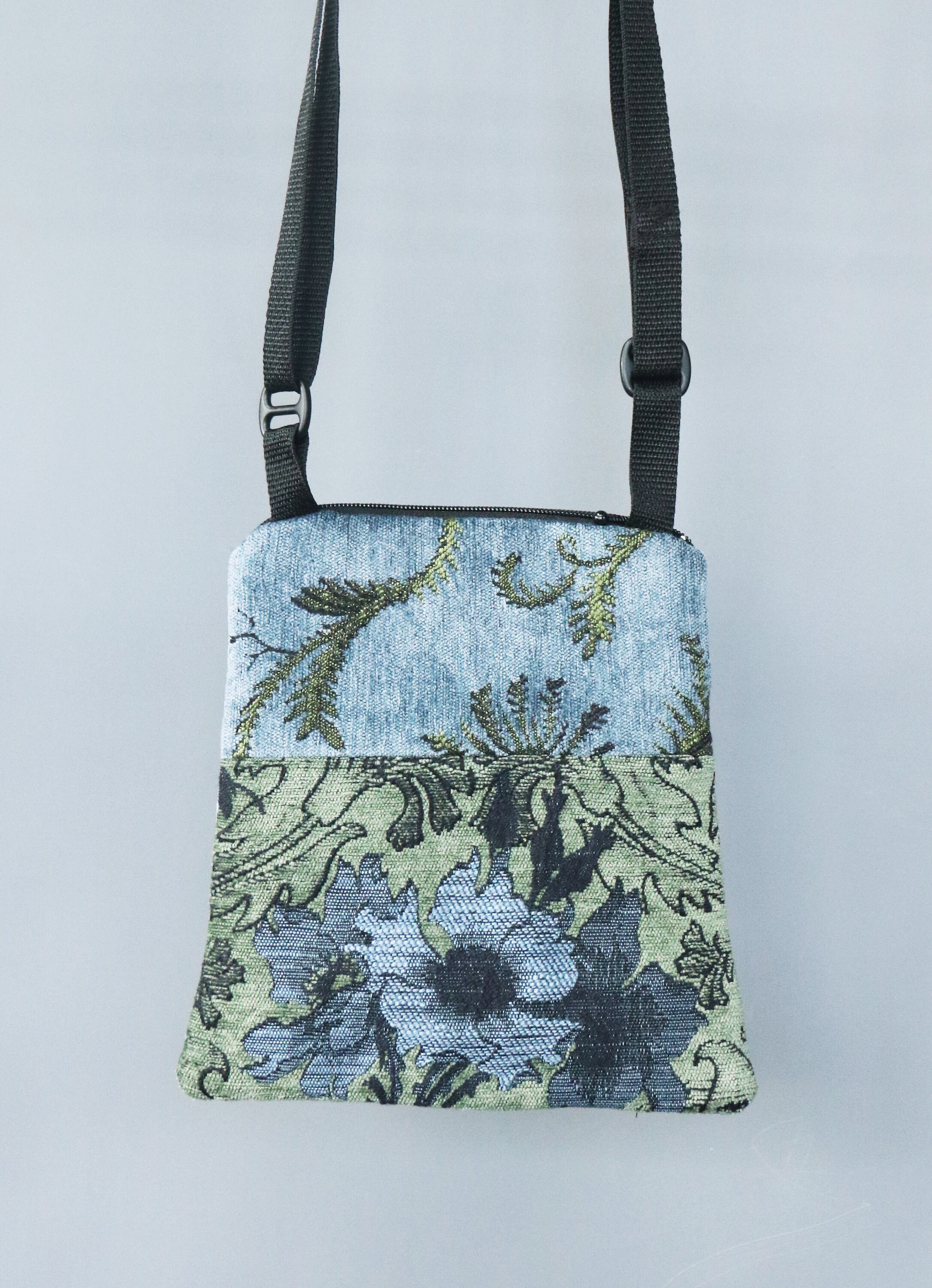 Dusk Adjustable Purse in Green and Blue Floral Jacquard Upholstery Fabric