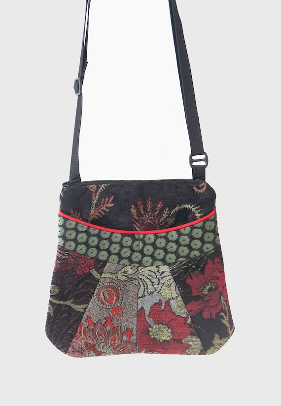 Slate Medium Tapestry Adjustable Alyssa Purse in Black, Gray and Red Floral Upholstery Fabric