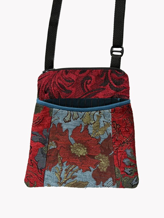 Adjustable Purse in Red and Aqua Floral Jacquard Upholstery Fabric- One of a Kind!