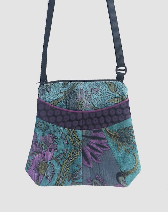 Bohemian Medium Tapestry Adjustable Alyssa Purse in Aquamarine and Purple Floral Upholstery Fabric