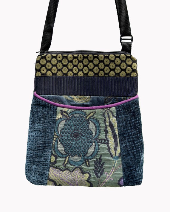 Tapestry Adjustable Bag in Sage and Teal Floral Jacquard Upholstery Fabric- One of a Kind