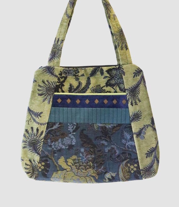 Tapestry Tote Bag in Navy and Chartreuse Floral Upholstery Fabric Large- One of a Kind!