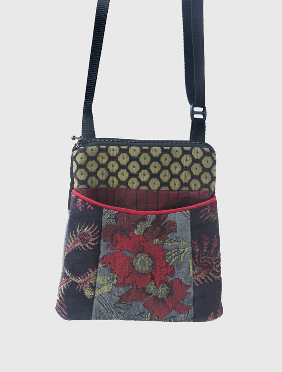 Charcoal Tapestry Adjustable Purse in Gray, Red and Black Jacquard Upholstery Fabric