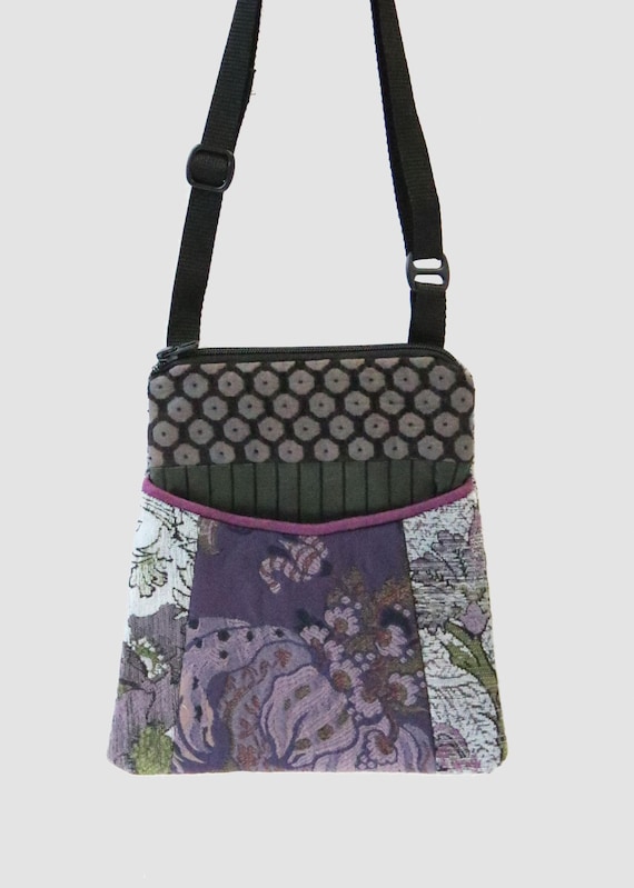 Adjustable Purse in Silver and Lavender Floral Jacquard Upholstery Fabric- One of a Kind!