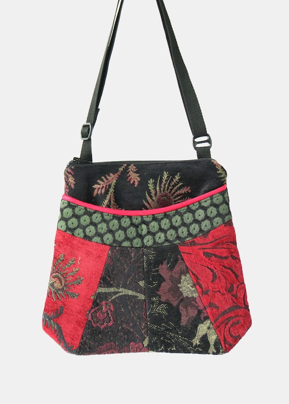 Medium Tapestry Adjustable Alyssa Purse in Red and Black Floral Upholstery Fabric- One of a Kind!