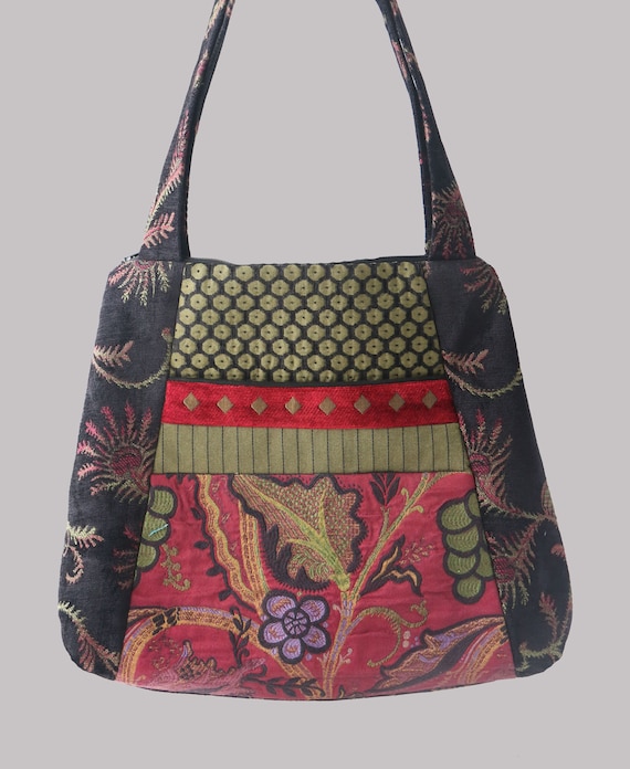 Merlot Tapestry Tote Bag in Red, Black, and Sage Floral Jacquard Upholstery Fabric Large