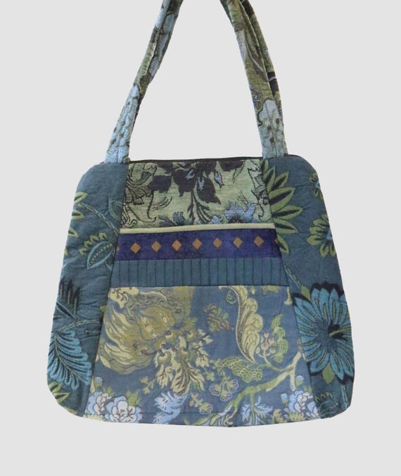 Tapestry Tote Bag in Green and Blue Floral Upholstery Fabric Large- One of a Kind!
