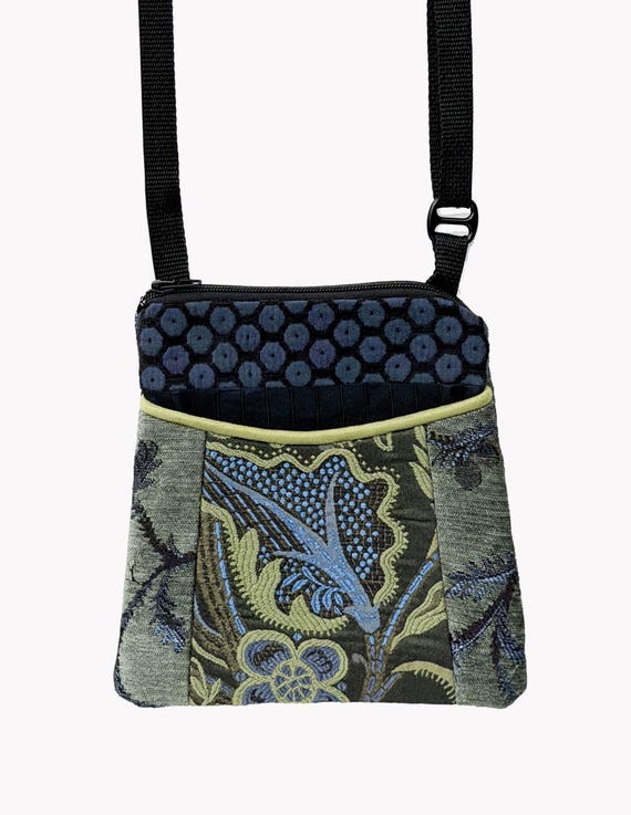 Adjustable Purse in Larkspur and Sage Floral Jacquard Upholstery Fabric- One of a Kind!