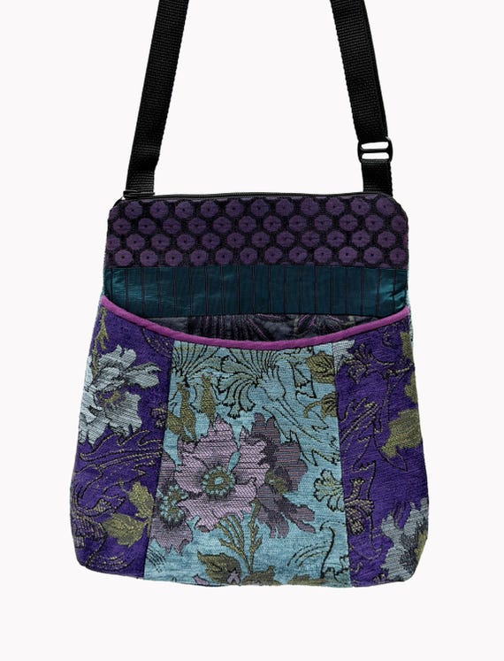 Tapestry Adjustable Bag in Purple and Aqua Floral Jacquard Upholstery Fabric Large- One of a Kind!