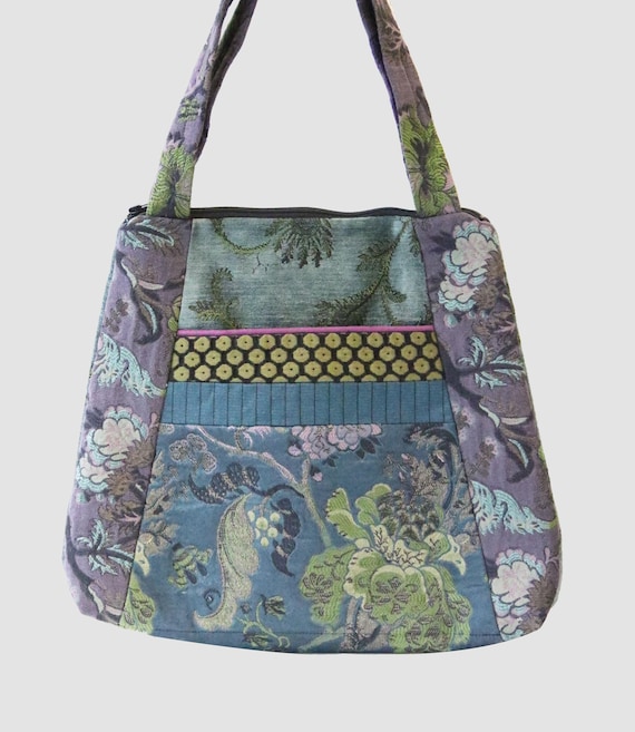 Celadon Tapestry Tote Bag in Lavender and Aqua Floral Jacquard Upholstery Fabric Large