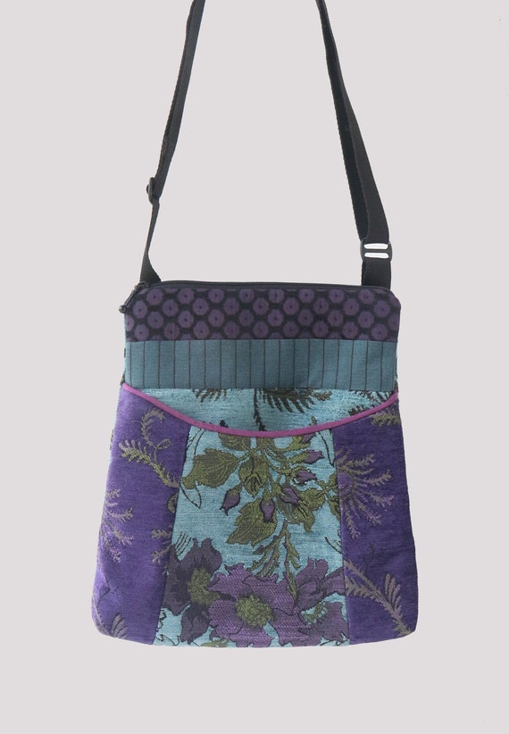 Seamist Tapestry Adjustable Bag in Purple and Aqua Floral Jacquard Upholstery Fabric Large