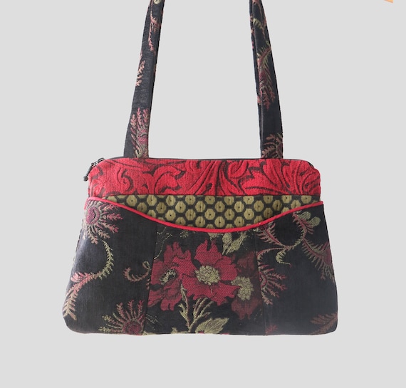 Madeira Medium Nancie Purse in Red and Black Floral Jacquard Upholstery Fabric