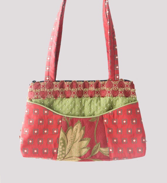 Coral Medium Nancie Purse in Salmon and Avocado Floral Jacquard Upholstery Fabric