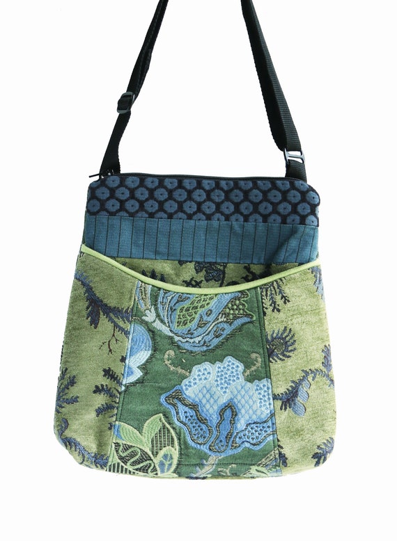 Cornflower Tapestry Adjustable Bag in Green and BlueFloral Jacquard Upholstery Fabric Medium