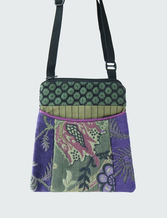 Adjustable Purse in Purple and Green Floral Jacquard Upholstery Fabric- One of a Kind!