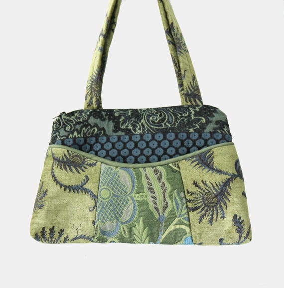 Cornflower Medium Nancie Purse in Blue and Green Floral Jacquard Upholstery Fabric