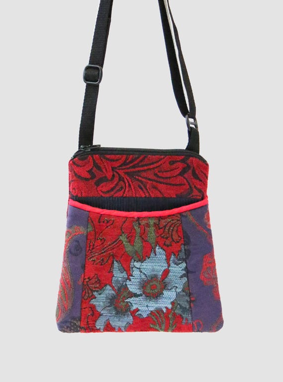 Adjustable Purse in Carmen and Purple Floral Jacquard Upholstery Fabric- One of a Kind!