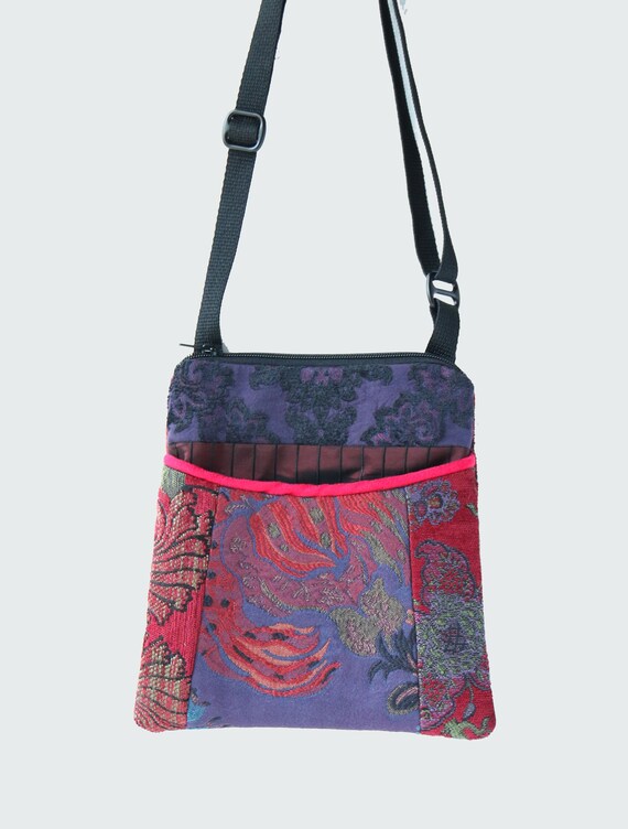 Adjustable Purse in Carmen and Purple Floral Jacquard Upholstery Fabric- One of a Kind!