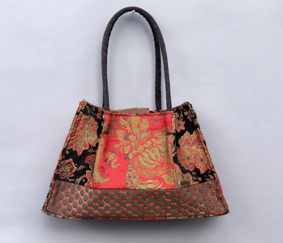 Amazon Tapestry Shoulder Bag in Orange and Green Floral Jacquard Woven Fabrics