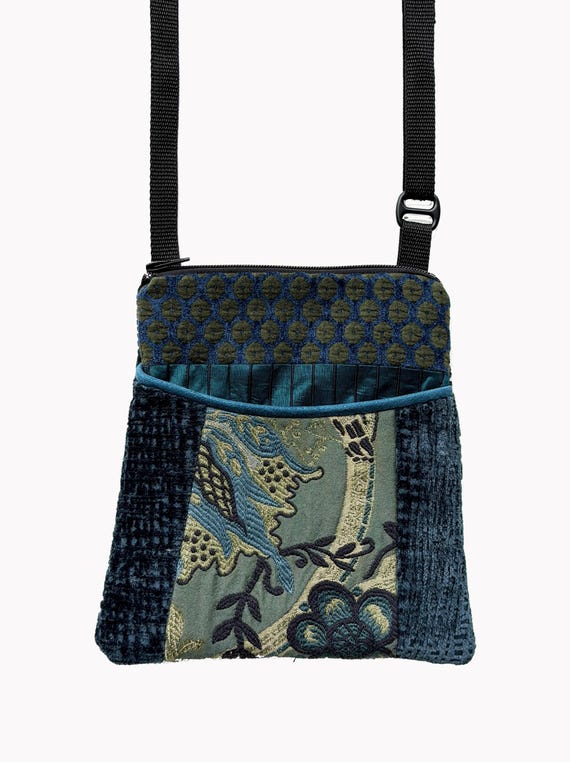 Adjustable Purse in Sage and Teal Floral Jacquard Upholstery Fabric- One of a Kind!