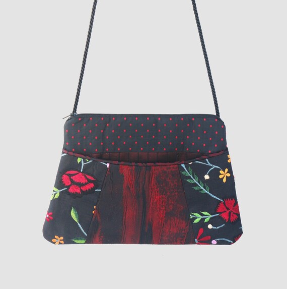 Juniper Silk and Rayon Purse in Black Garden and Red