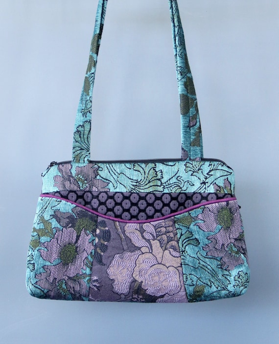 Lavender Medium Nancie Purse in Purple and Aqua Floral Jacquard Upholstery Fabric