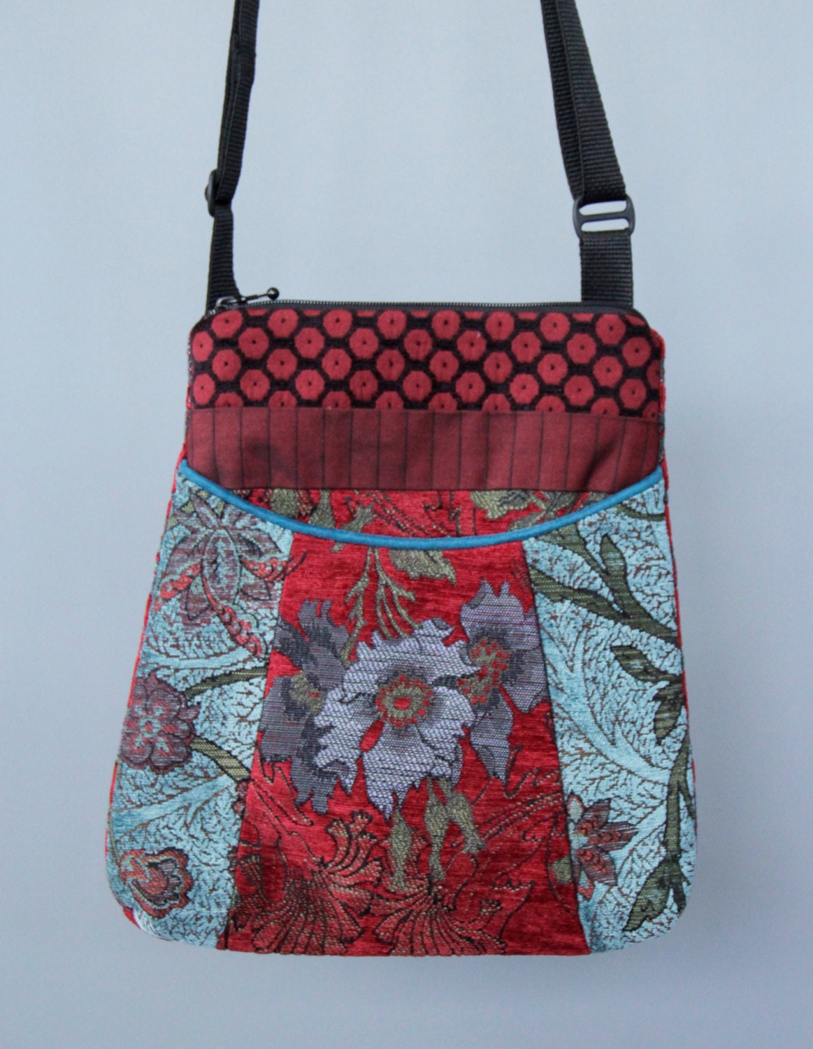 Red Wine Tapestry Adjustable Bag in Red and Aqua Floral Jacquard ...