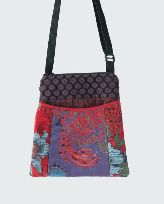 Adjustable Purse in Red and Plum Floral Jacquard Upholstery Fabric- One of a Kind!