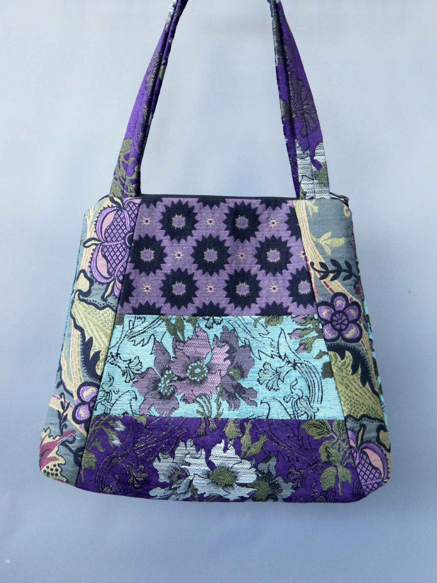 Seamist Tapestry Tote Bag in Purple and Aqua Floral Jacquard Upholstery