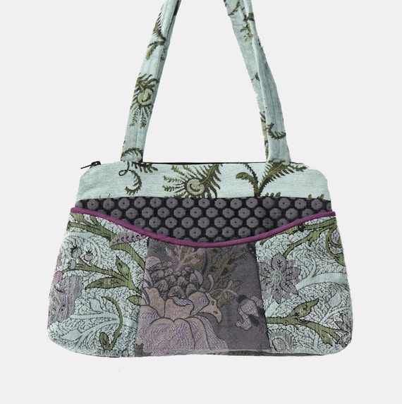 Medium Nancie Purse in Silver and Lavender Jacquard Upholstery Fabric- One of a Kind!