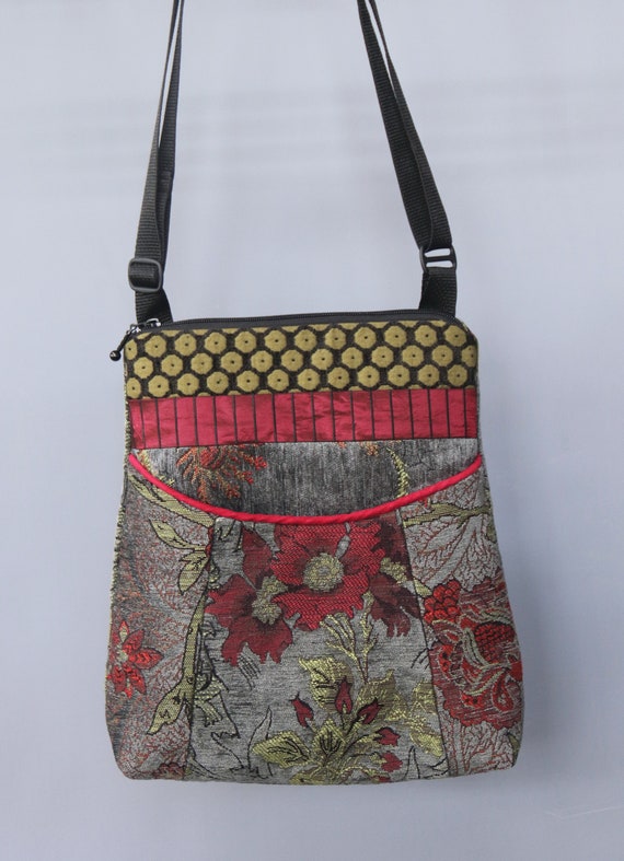 Slate Tapestry Adjustable Bag in Red and Gray Floral Jacquard Upholstery Fabric Large