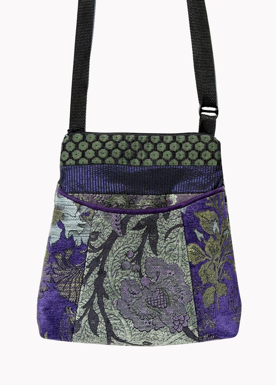 Tapestry Adjustable Bag in Green and Purple Floral Jacquard Upholstery Fabric- One of a Kind
