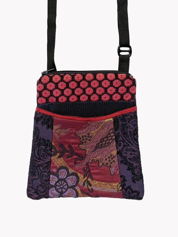 Adjustable Purse in Raspberry and Purple Floral Jacquard Upholstery Fabric- One of a Kind!