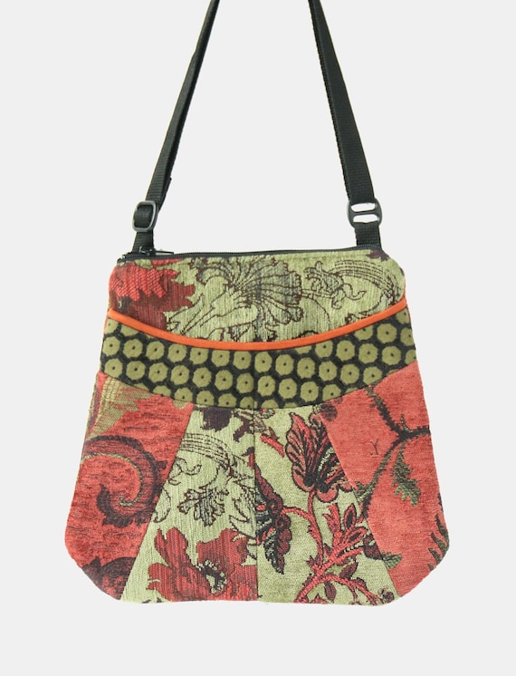 Medium Tapestry Adjustable Alyssa Purse in Salmon and Sage Floral Upholstery Fabric- One of a Kind!