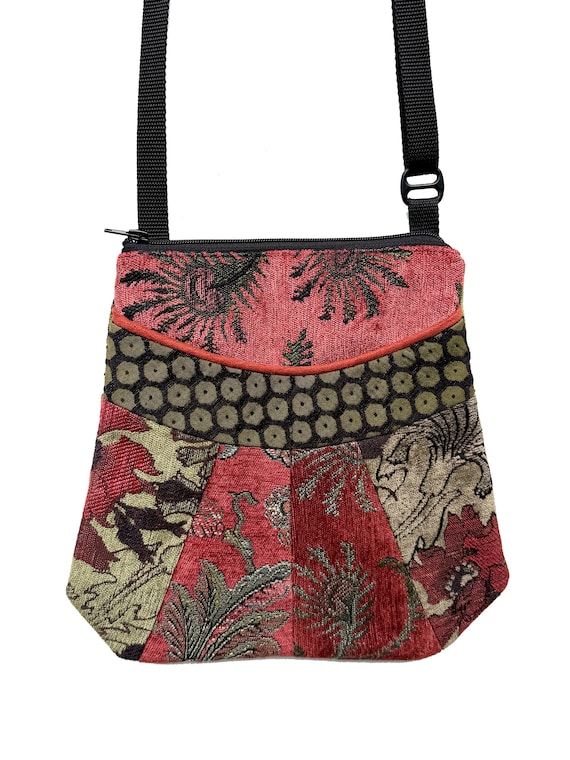 Medium Tapestry Adjustable Alyssa Purse in melon and Chartreuse Floral Upholstery Fabric- One of a Kind!