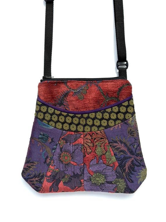 Medium Tapestry Adjustable Alyssa Purse in Rust and Lavender Floral Upholstery Fabric- One of a Kind!