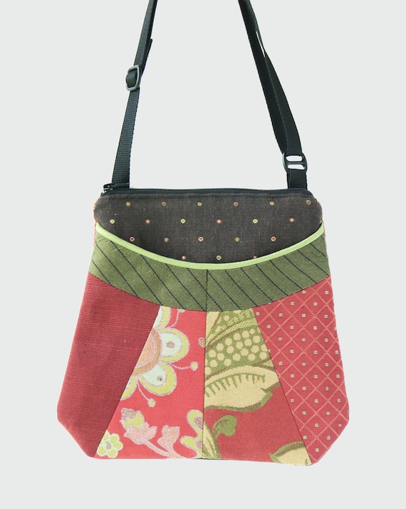 Spring Coral Medium Tapestry Adjustable Alyssa Purse in Salmon and Brown Floral and Dot Upholstery Fabric