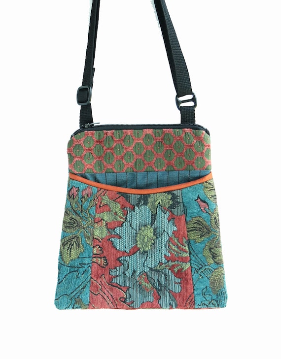 Adjustable Purse in Orange and Teal Floral Jacquard Upholstery Fabric- One of a Kind!
