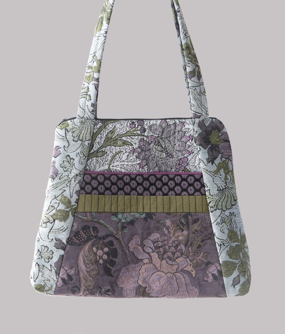 Silver Tapestry Tote Bag in Silver and Lavender Floral Upholstery Fabric Large