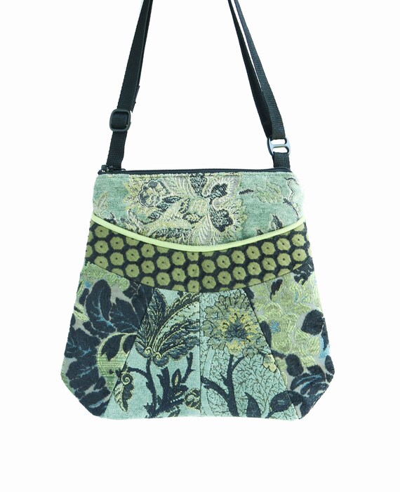 Medium Tapestry Adjustable Alyssa Purse in Chartreuse and Black Floral Upholstery Fabric- One of a Kind!