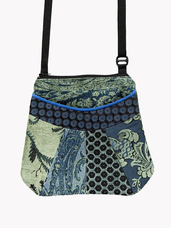 Medium Tapestry Adjustable Alyssa Purse in Sage and Blue Floral Upholstery Fabric- One of a Kind!