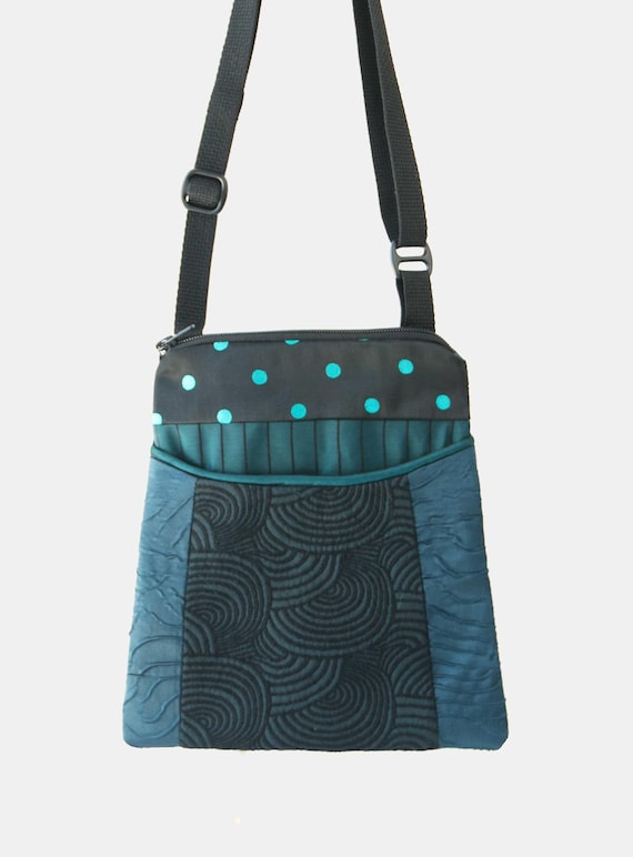 Light weight Adjustable Purse in Teal Scallop and Dot Fabric